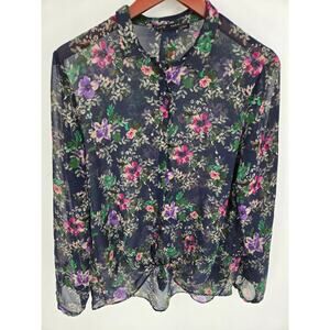 Zara Basic Navy Floral Button Front Semi Sheer Blouse Women's L